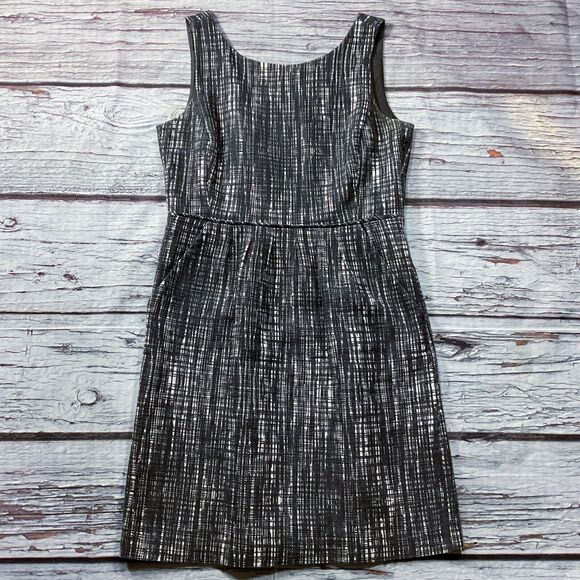 J Crew Womens Dress sz 8 Gray Cream Fit & Flare Lined Cotton Unique Button Back - Picture 2 of 10